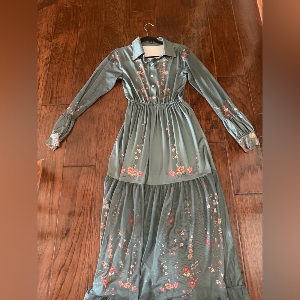 Floral Embroidered Sage Green Maxi Dress​ - Picture 3 of 5